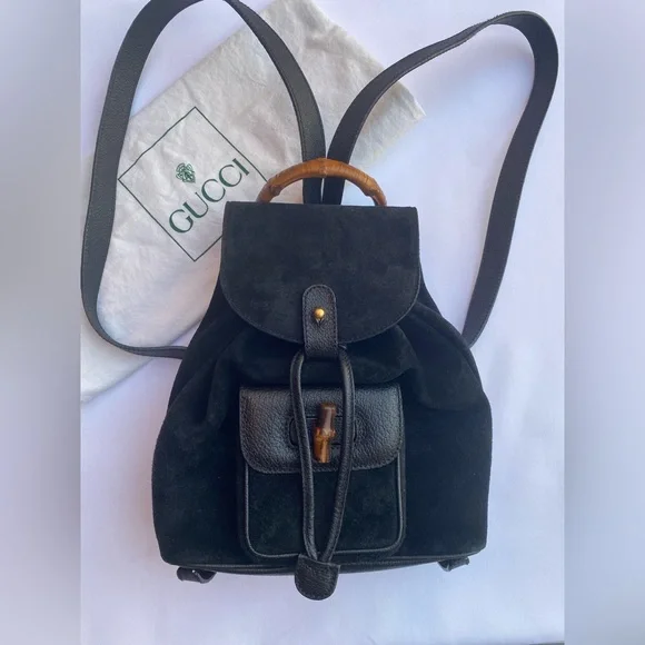 Gucci Black suede backpack with Leather Accents Pre-loved Gucci Bamboo Mini Backpack In Black Suede And  main image 3